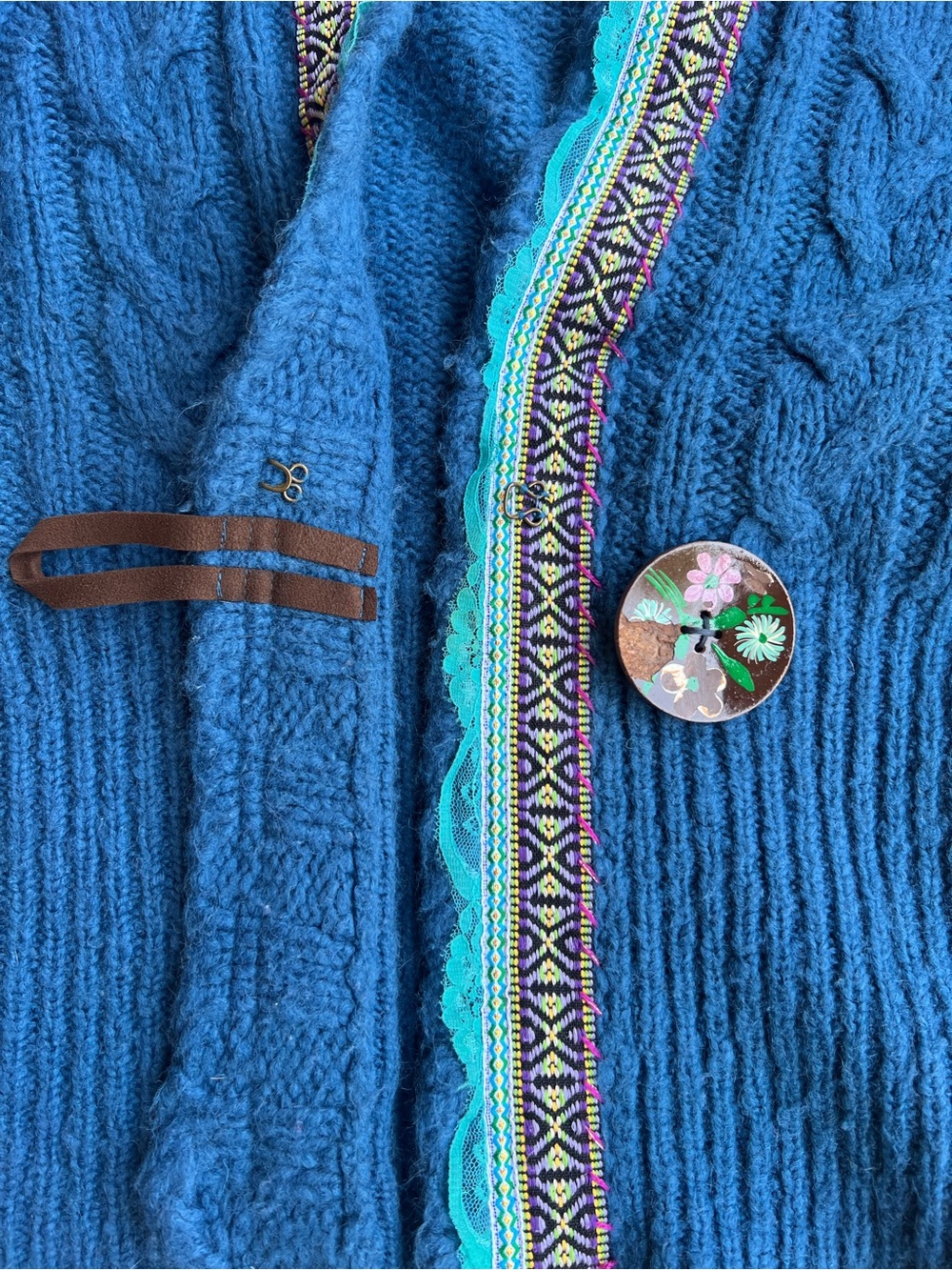 FREE PEOPLE Blue Klara Button Hooded Boho Cardigan Sz M Cozy Artisan Lace Trim - Picture 9 of 13